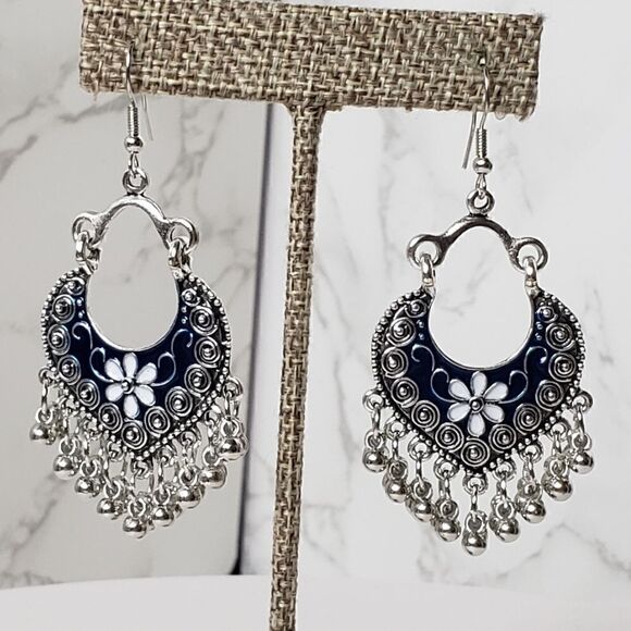 BOHEMIAN GYPSY Enameled Floral Beaded French Hook Earrings - Picture 1 of 7